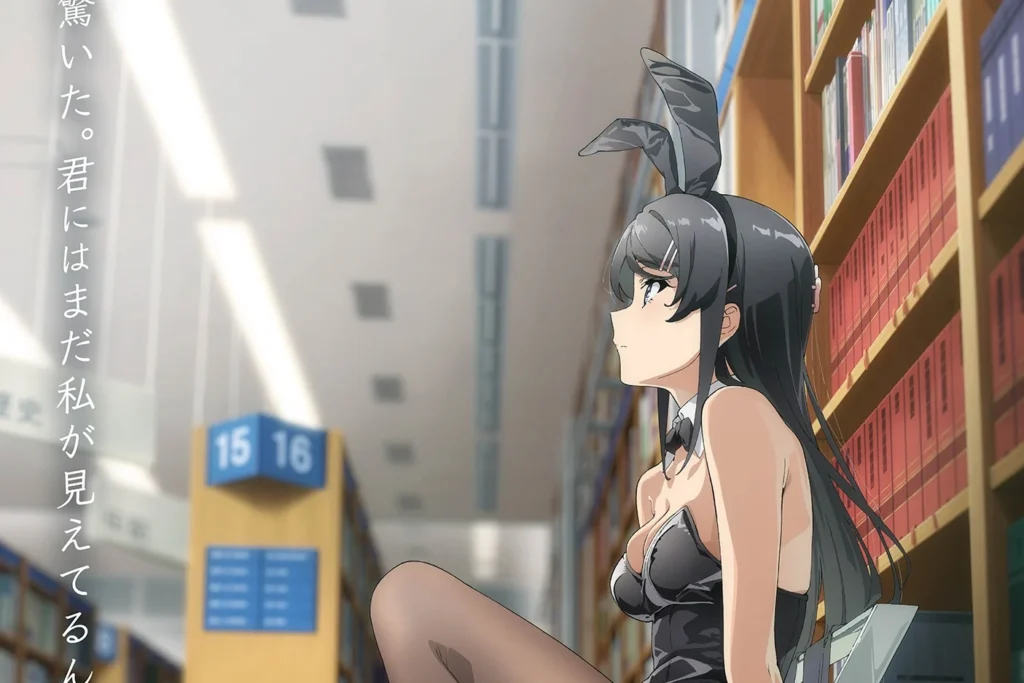 Mai Sakurajima de Bunny girl sentada numa escada de biblioteca em uma biblioteca olhando para cima