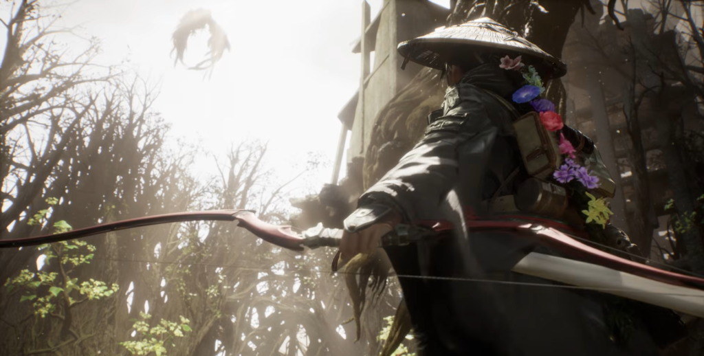 Uma imagem de costas de Emma, protagonista de 'Beast of Reincarnation', usando um chapéu de palha adornado com flores e segurando um arco vermelho. Ela observa um cenário pós-apocalíptico com ruínas de concreto cobertas por vegetação e uma misteriosa criatura circular flutuando no céu pálido. A perspectiva é em ângulo baixo, enfatizando sua jornada.