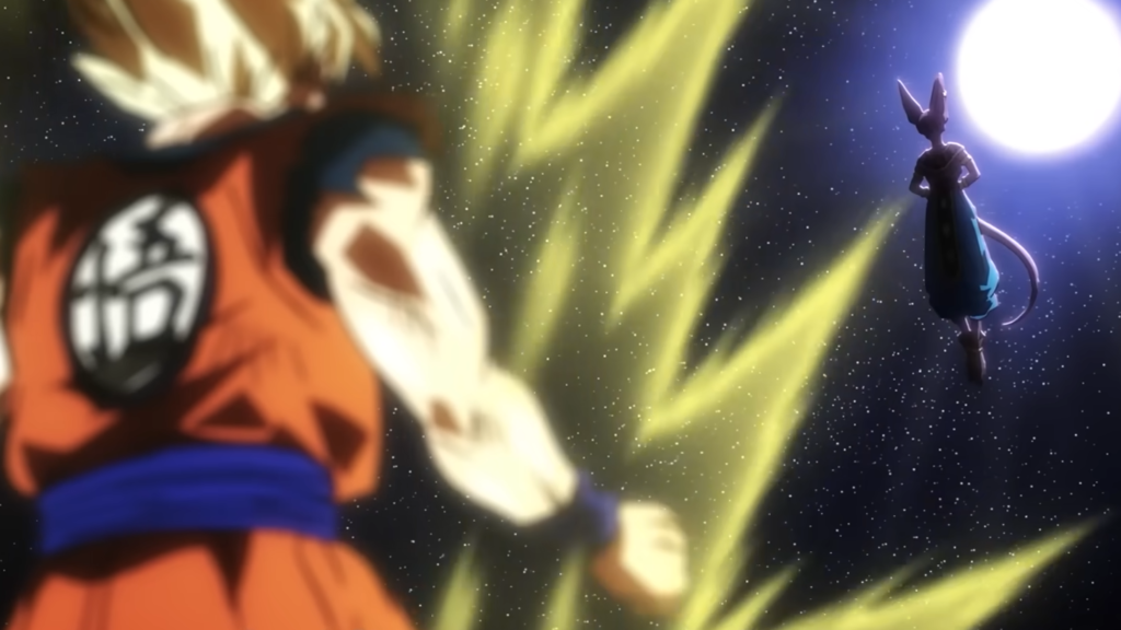Goku de costa olhando para o Bills, no espaço com o sol brilhando atrás de bills