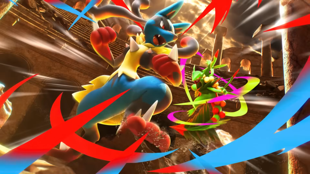 Mega lucario e Mega Sceptile, se enfrentando numa disputa epica no teaser da nova expansão de Pokemon TCG Pocket