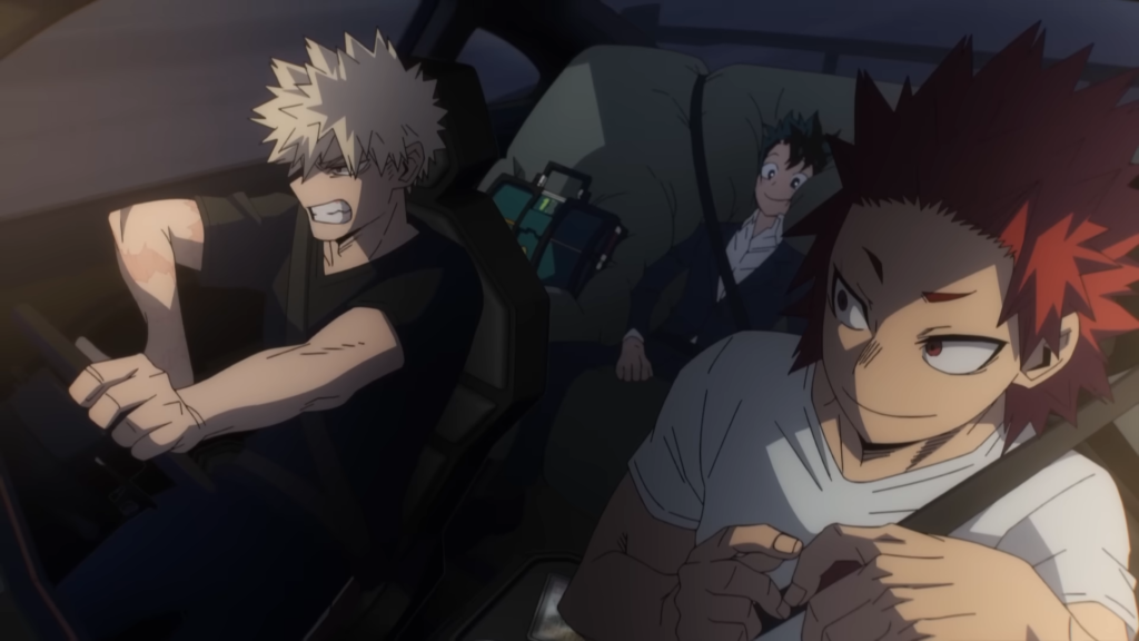Bakugou, Deku e Kirishima dentro de um carro