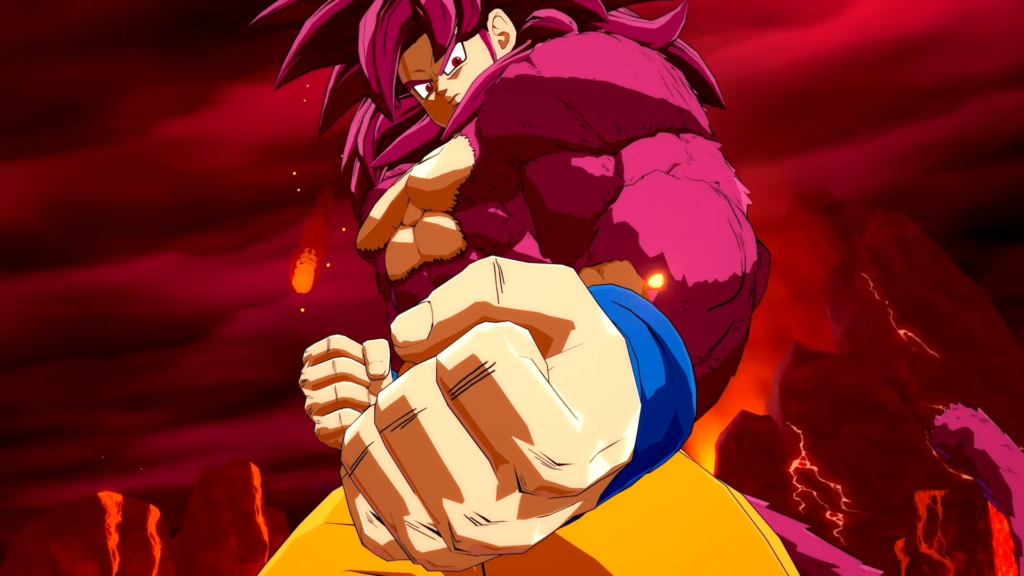Goku super sayajin 4 (Daima) com os punhos fechado próximo a câmera