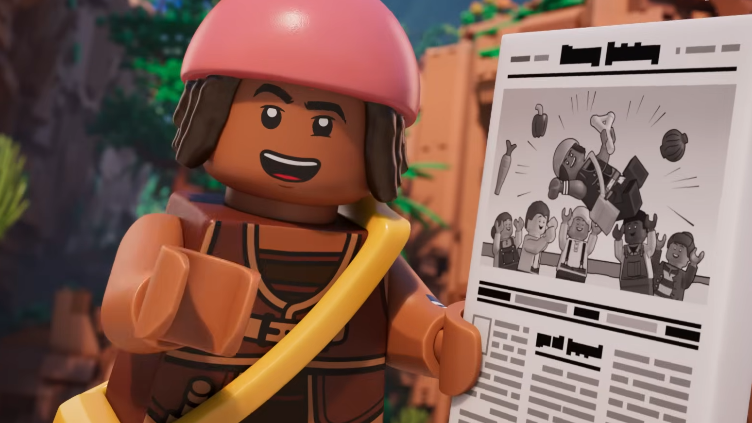 Boneco LEGO do Usopp de One Piece Live Action segurando um jornal em cenário de blocos. Imagem promocional da colaboração LEGO e Netflix apresentando o personagem Usopp em versão minifigura.