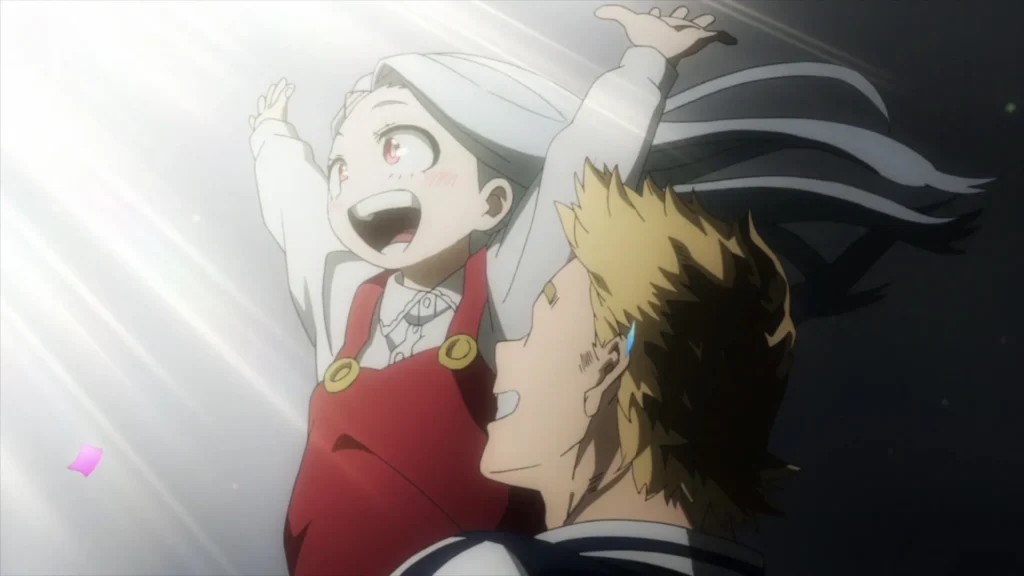 Lemillion segurando Eri no colo durante o Show da turma 1-A, I am a hero too