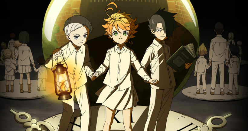 Uma ilustração do anime The Promised Neverland, da esquerda está Norman um jovem de cabelos brancos , ao centro está Emma uma jovem de cabelos laranja e por ultimo Ray um jovem com cabelos pretos com uma franja cobrindo um de seus olhos 2