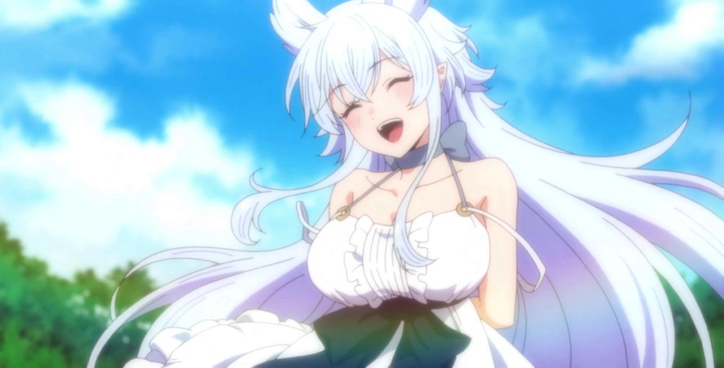 uma imagem de Fenrys sorrindo com olhos fechados, ela tem cabelos longos e brancos, do animeChillin' in Another World with Level 2 Super Cheat Powers
