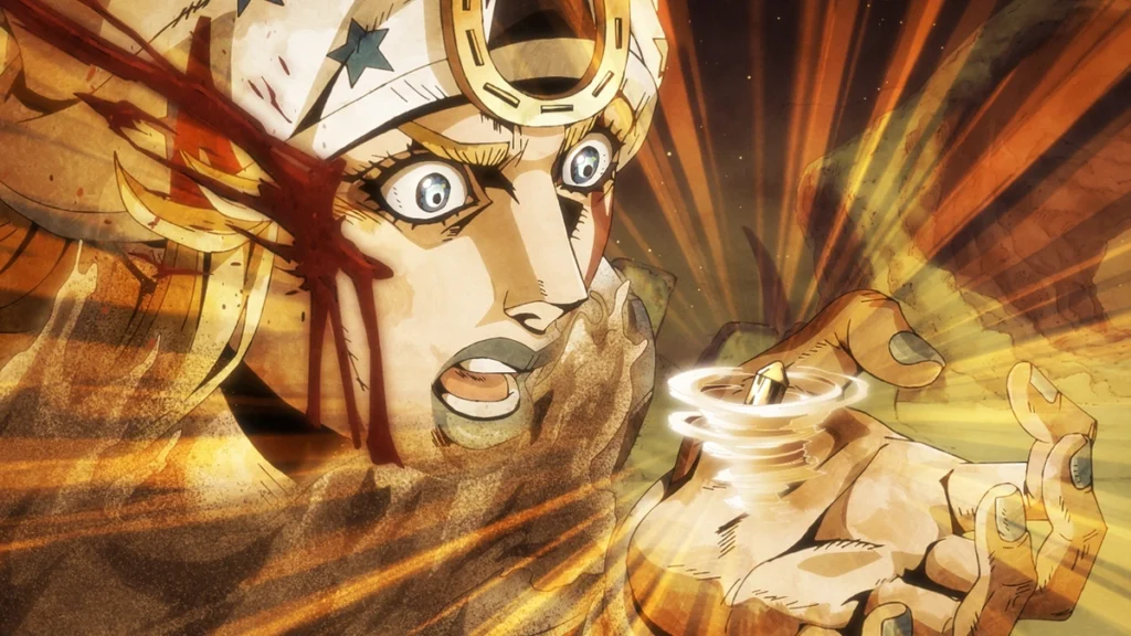 Jhonny Joestar, descobrindo a rotação e seu stand através de uma pedra que está girando em sua mão em alta velocidade