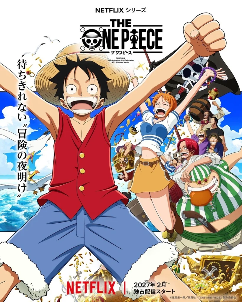 A Netflix divulgou uma nova arte de THE ONE PIECE, remake em anime produzido pelo WIT Studio, que recontará o início da história de Eiichiro Oda. A imagem reúne Luffy, Nami e integrantes dos Piratas do Ruivo, destacando a nova versão visual dos personagens.

A produção continua prevista para fevereiro de 2027, com lançamento exclusivo pela Netflix.

Nova arte apresenta Luffy ao lado dos Piratas do Ruivo

A ilustração divulgada coloca Monkey D. Luffy ao lado de Nami, enquanto Shanks e outros integrantes dos Piratas do Ruivo também aparecem na composição.

A nova arte faz parte da divulgação de THE ONE PIECE e acompanha o material promocional que vem sendo apresentado pela Netflix para a nova adaptação. O projeto terá uma abordagem visual renovada para a história originalmente publicada por Oda.

A Netflix descreve a produção como uma nova adaptação da obra, começando novamente pela Saga East Blue. A primeira temporada terá sete episódios, com cerca de 300 minutos de duração no total, e chegará à plataforma com todos os episódios disponíveis simultaneamente.